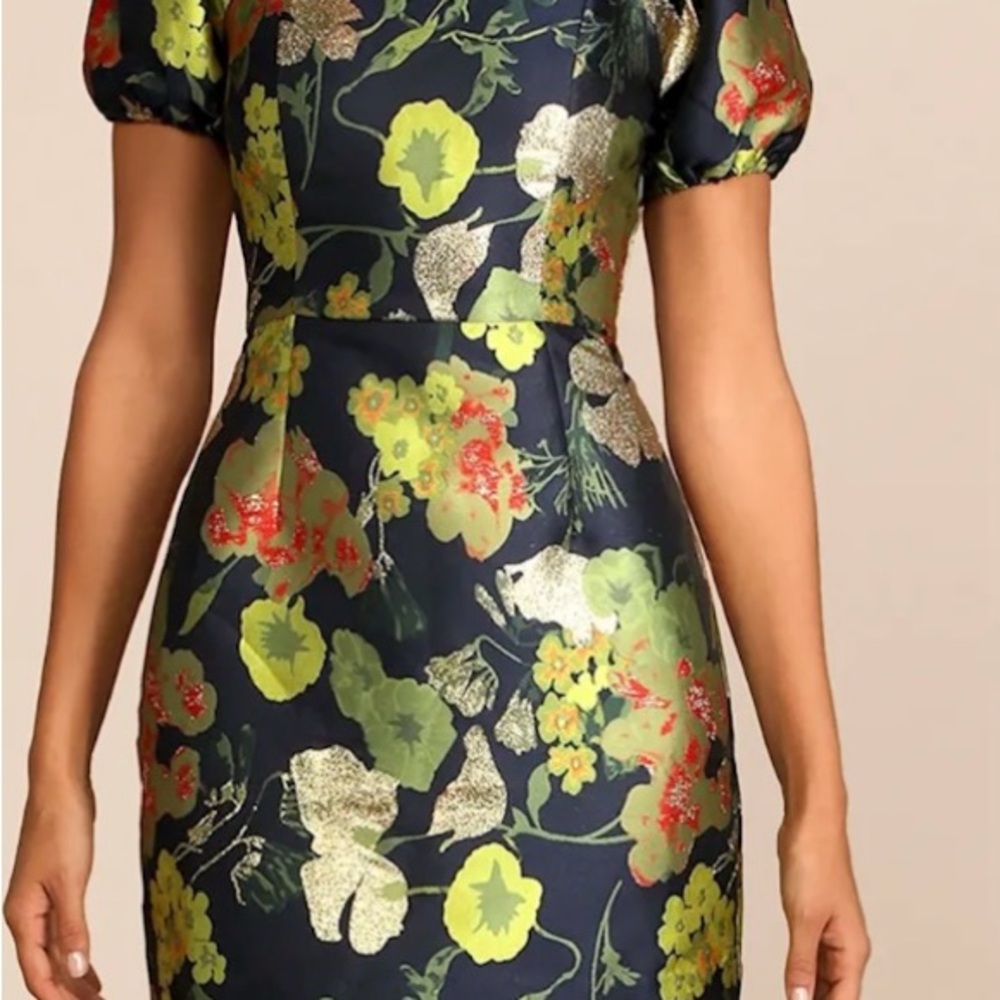 Floral dress from Lulus So Stunning Navy Blue Floral Jacquard Puff mini